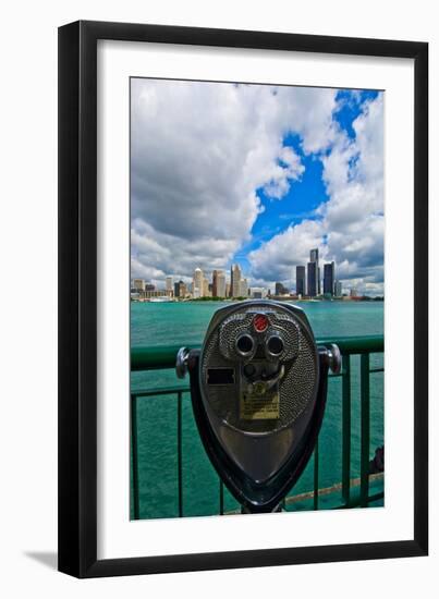 Coin-operated binoculars against cityscape at waterfront, Detroit, Wayne County, Michigan, USA-null-Framed Premium Photographic Print