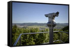 coin-operated binoculars with view to Swabian Alps, Salach, Baden-Wurttemberg, Germany-Michael Weber-Framed Stretched Canvas