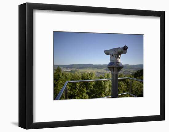 coin-operated binoculars with view to Swabian Alps, Salach, Baden-Wurttemberg, Germany-Michael Weber-Framed Photographic Print