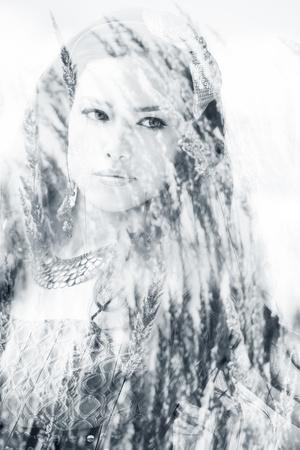 Beautiful Long Hair Brunette Woman Portrait, Double Exposure with Blades of Grass