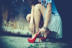 Woman Tan Legs In High Heel Green Shoes Outdoor Shot Summer Day-coka-Art Print