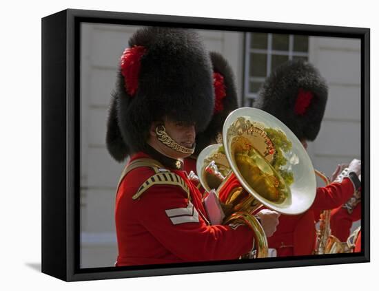 Coldstream Guards Band Practise at Wellington Barracks, Reflected in Brass Tuba, London, England-Walter Rawlings-Framed Stretched Canvas