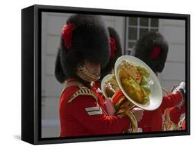 Coldstream Guards Band Practise at Wellington Barracks, Reflected in Brass Tuba, London, England-Walter Rawlings-Framed Stretched Canvas