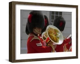 Coldstream Guards Band Practise at Wellington Barracks, Reflected in Brass Tuba, London, England-Walter Rawlings-Framed Photographic Print