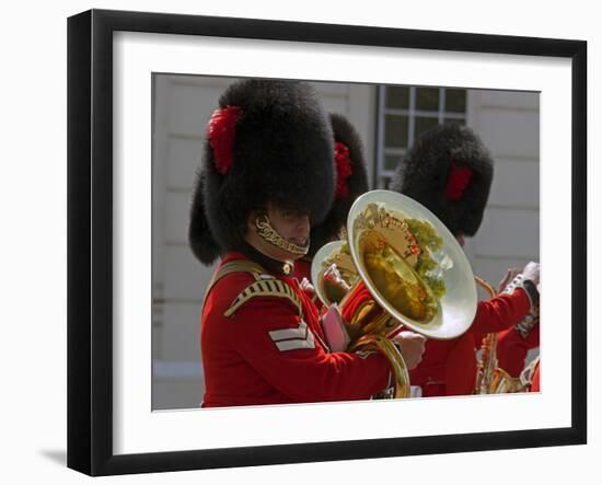 Coldstream Guards Band Practise at Wellington Barracks, Reflected in Brass Tuba, London, England-Walter Rawlings-Framed Photographic Print