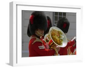 Coldstream Guards Band Practise at Wellington Barracks, Reflected in Brass Tuba, London, England-Walter Rawlings-Framed Photographic Print