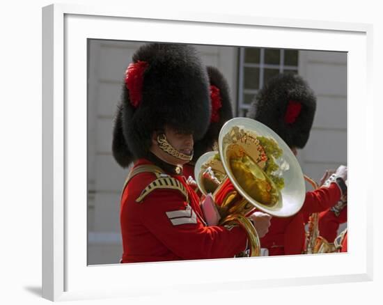 Coldstream Guards Band Practise at Wellington Barracks, Reflected in Brass Tuba, London, England-Walter Rawlings-Framed Photographic Print