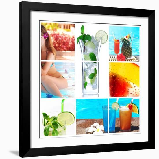 Collage Background With Cocktail And Travel Concept-haveseen-Framed Art Print