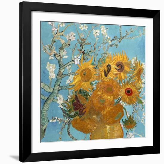 Collage Design with Painting Elements - Sunflowers & Almond Branches in Bloom-Elements of Vincent Van Gogh-Framed Art Print