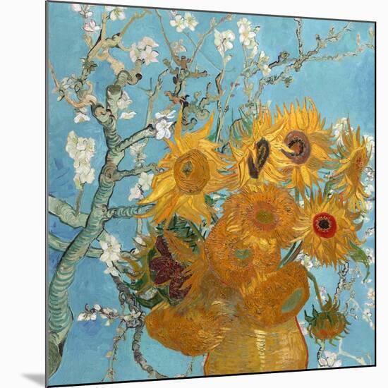 Collage Design with Painting Elements - Sunflowers & Almond Branches in Bloom-Elements of Vincent Van Gogh-Mounted Art Print