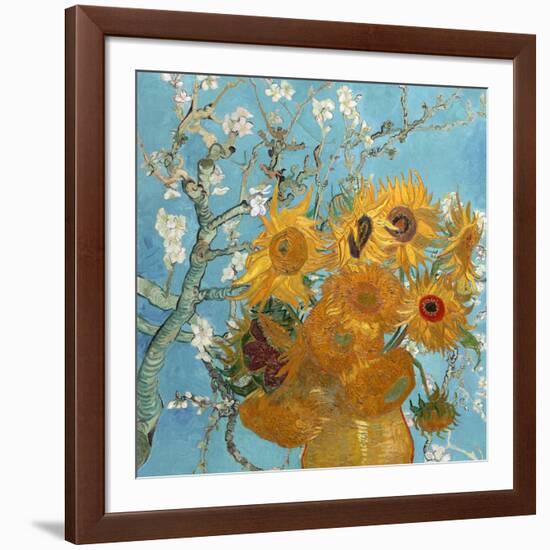 Collage Design with Painting Elements - Sunflowers & Almond Branches in Bloom-Elements of Vincent Van Gogh-Framed Art Print