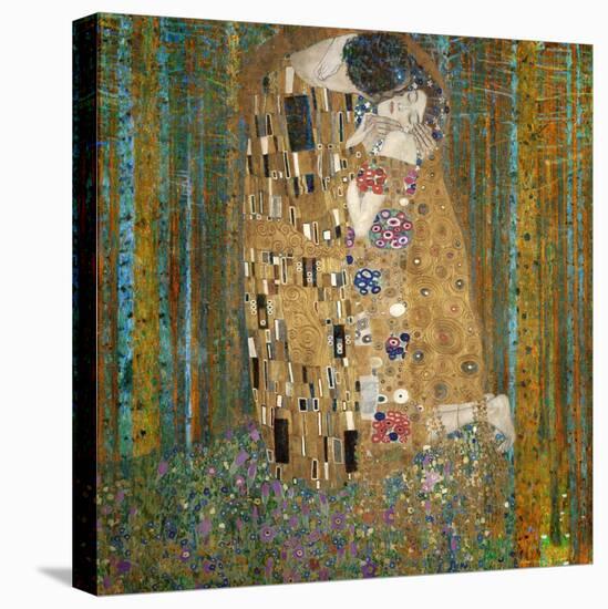 Collage Design with Painting Elements - The Kiss & Tannenwald (Pine Forest)-Elements of Gustav Klimt-Stretched Canvas
