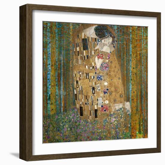 Collage Design with Painting Elements - The Kiss & Tannenwald (Pine Forest)-Elements of Gustav Klimt-Framed Art Print