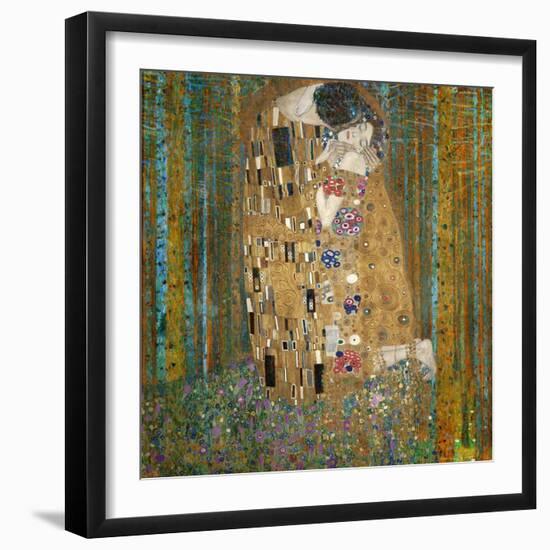 Collage Design with Painting Elements - The Kiss & Tannenwald (Pine Forest)-Elements of Gustav Klimt-Framed Art Print