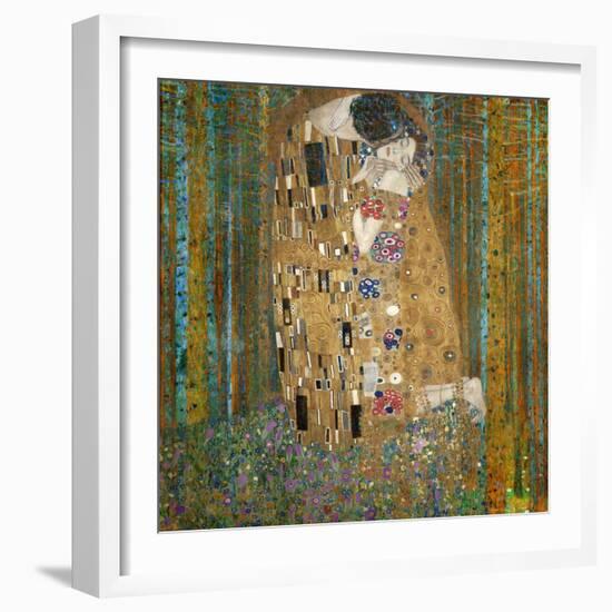 Collage Design with Painting Elements - The Kiss & Tannenwald (Pine Forest)-Elements of Gustav Klimt-Framed Art Print