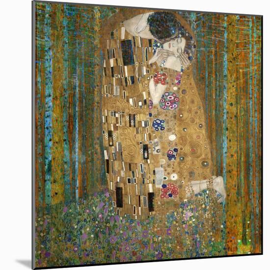 Collage Design with Painting Elements - The Kiss & Tannenwald (Pine Forest)-Elements of Gustav Klimt-Mounted Art Print