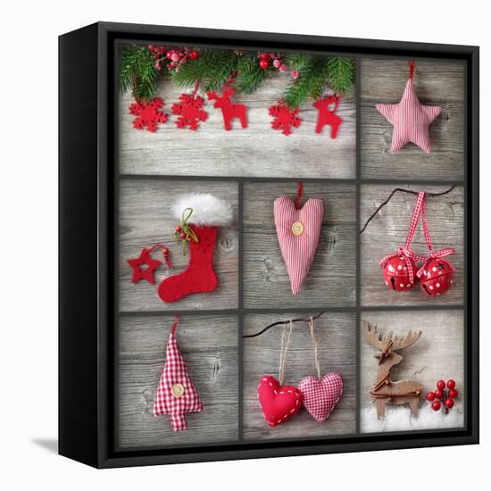 Collage of Christmas Photos over Grey Wood Background-egal-Framed Stretched Canvas