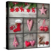 Collage of Christmas Photos over Grey Wood Background-egal-Stretched Canvas