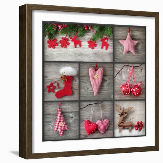 Collage of Christmas Photos over Grey Wood Background-egal-Framed Photographic Print