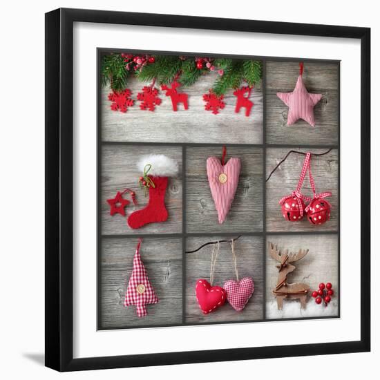 Collage of Christmas Photos over Grey Wood Background-egal-Framed Photographic Print