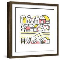 Collage with Domestic or Farm Animals and Pets. Farming and Agriculture Concept. Modern Thin Line A-Iconic Bestiary-Framed Art Print