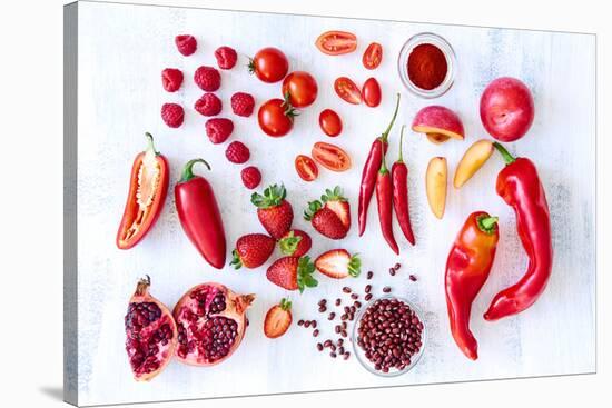Collection of Fresh Red Toned Vegetables and Fruits Raw Produce on White Rustic Background, Peppers-warrengoldswain-Stretched Canvas