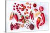 Collection of Fresh Red Toned Vegetables and Fruits Raw Produce on White Rustic Background, Peppers-warrengoldswain-Stretched Canvas