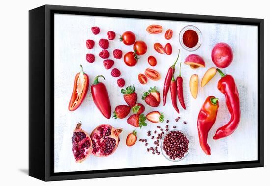 Collection of Fresh Red Toned Vegetables and Fruits Raw Produce on White Rustic Background, Peppers-warrengoldswain-Framed Stretched Canvas
