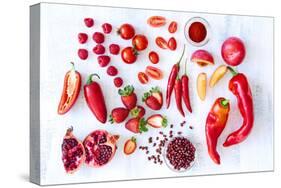 Collection of Fresh Red Toned Vegetables and Fruits Raw Produce on White Rustic Background, Peppers-warrengoldswain-Stretched Canvas