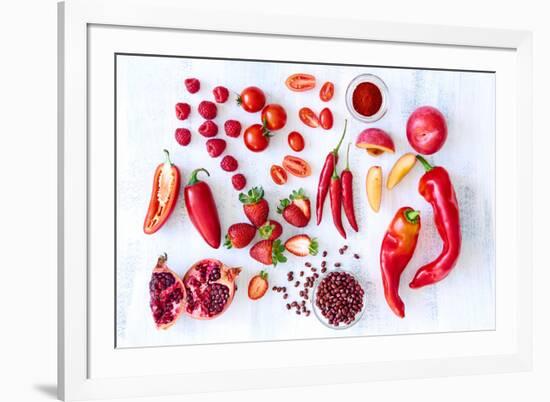 Collection of Fresh Red Toned Vegetables and Fruits Raw Produce on White Rustic Background, Peppers-warrengoldswain-Framed Photographic Print