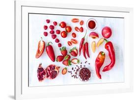 Collection of Fresh Red Toned Vegetables and Fruits Raw Produce on White Rustic Background, Peppers-warrengoldswain-Framed Photographic Print