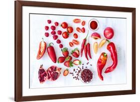 Collection of Fresh Red Toned Vegetables and Fruits Raw Produce on White Rustic Background, Peppers-warrengoldswain-Framed Photographic Print