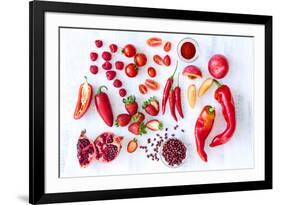 Collection of Fresh Red Toned Vegetables and Fruits Raw Produce on White Rustic Background, Peppers-warrengoldswain-Framed Photographic Print