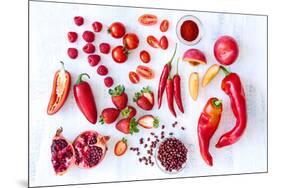 Collection of Fresh Red Toned Vegetables and Fruits Raw Produce on White Rustic Background, Peppers-warrengoldswain-Mounted Photographic Print