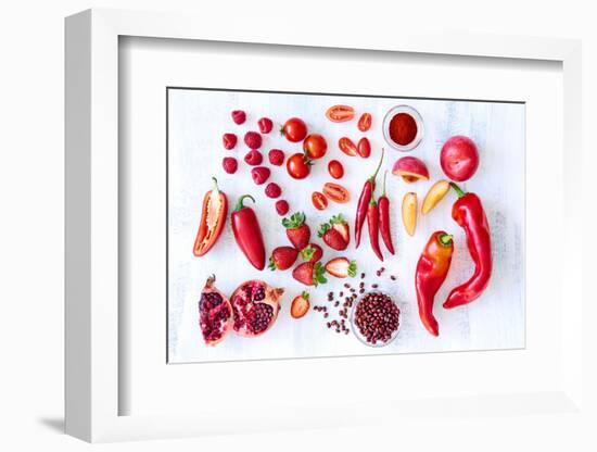 Collection of Fresh Red Toned Vegetables and Fruits Raw Produce on White Rustic Background, Peppers-warrengoldswain-Framed Photographic Print