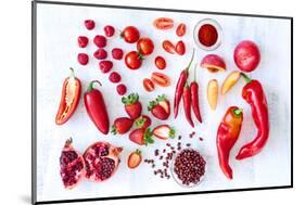 Collection of Fresh Red Toned Vegetables and Fruits Raw Produce on White Rustic Background, Peppers-warrengoldswain-Mounted Photographic Print