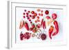 Collection of Fresh Red Toned Vegetables and Fruits Raw Produce on White Rustic Background, Peppers-warrengoldswain-Framed Photographic Print