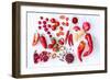Collection of Fresh Red Toned Vegetables and Fruits Raw Produce on White Rustic Background, Peppers-warrengoldswain-Framed Photographic Print