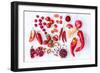 Collection of Fresh Red Toned Vegetables and Fruits Raw Produce on White Rustic Background, Peppers-warrengoldswain-Framed Photographic Print