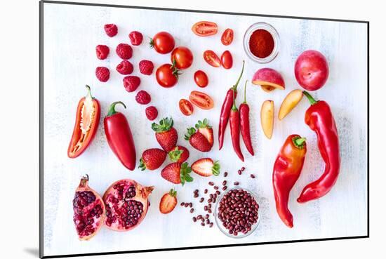 Collection of Fresh Red Toned Vegetables and Fruits Raw Produce on White Rustic Background, Peppers-warrengoldswain-Mounted Photographic Print