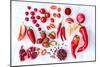 Collection of Fresh Red Toned Vegetables and Fruits Raw Produce on White Rustic Background, Peppers-warrengoldswain-Mounted Photographic Print