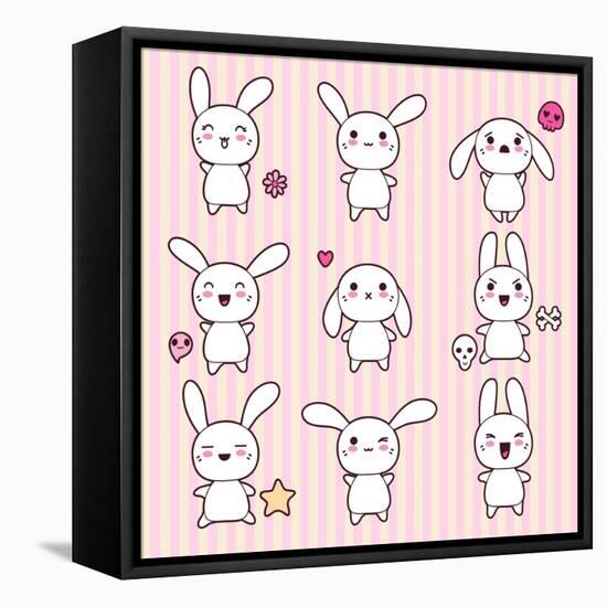 Collection of Funny and Cute Happy Kawaii Rabbits.-incomible-Framed Stretched Canvas