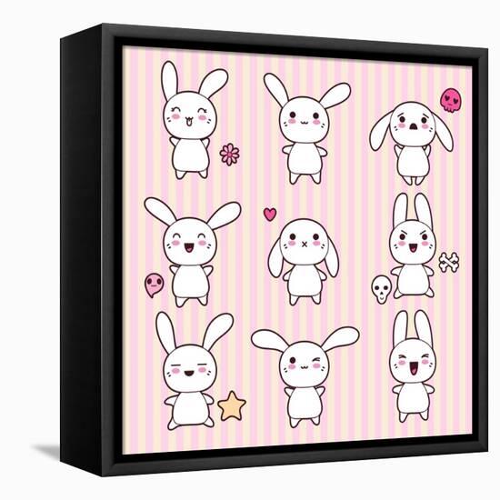 Collection of Funny and Cute Happy Kawaii Rabbits.-incomible-Framed Stretched Canvas