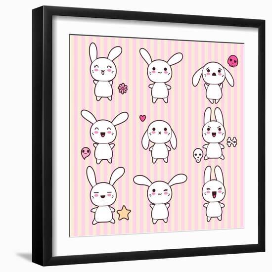 Collection of Funny and Cute Happy Kawaii Rabbits.-incomible-Framed Art Print