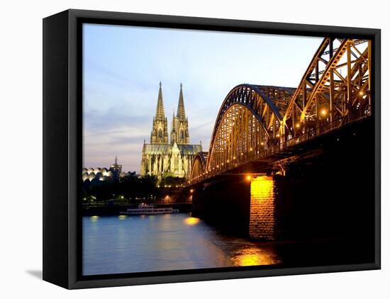 Cologne Cathedral and Hohenzollern Bridge at Night, Cologne, North Rhine Westphalia, Germany-Yadid Levy-Framed Stretched Canvas