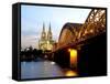 Cologne Cathedral and Hohenzollern Bridge at Night, Cologne, North Rhine Westphalia, Germany-Yadid Levy-Framed Stretched Canvas