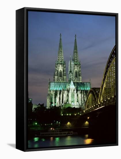 Cologne Cathedral, and Hohenzollern Bridge at Night, North Rhine Westphalia-Yadid Levy-Framed Stretched Canvas