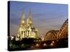 Cologne Cathedral, and Hohenzollern Bridge at Night, North Rhine Westphalia-Yadid Levy-Stretched Canvas