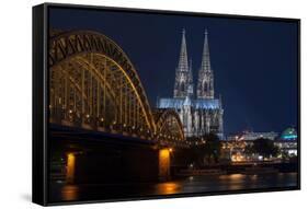 Cologne Cathedral, UNESCO World Heritage Site, and Hohenzollern Bridge at Dusk-Charles Bowman-Framed Stretched Canvas