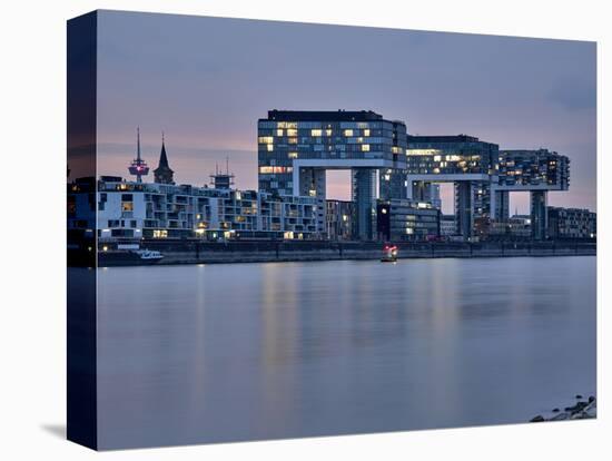 Cologne, Crane Houses on the Rhine, Dusk, Illuminated-Marc Gilsdorf-Stretched Canvas